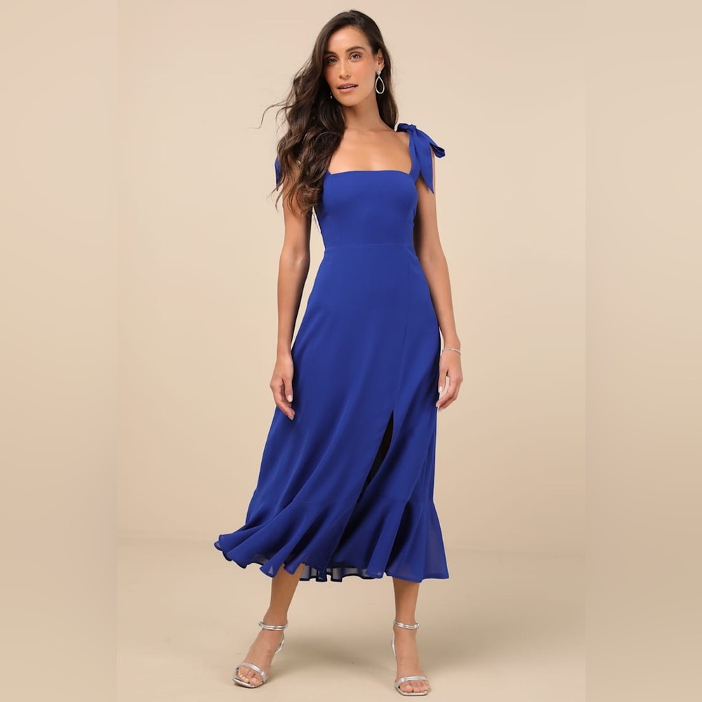 Lulus Summer Invite Tie-Strap Tiered Midi Dress, Royal Blue, Size M, NWT - Picture 3 of 13